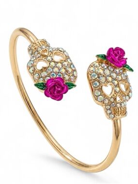 True to Form Skull Cuff Bracelet with Fuchsia Rose  - Sugar Skull Cuff Bracelet